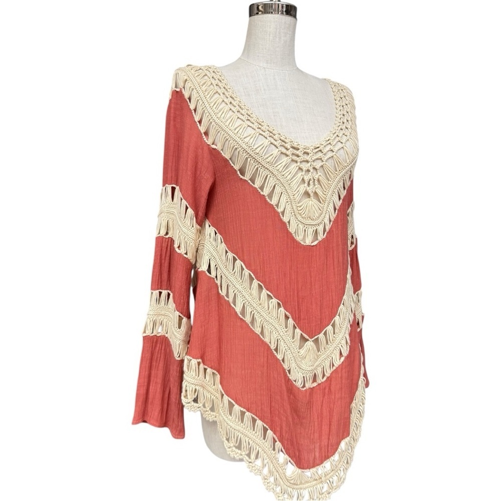 Umgee Rust & Cream Crochet Boho Flowy Tunic Top, Swim Coverup, Size Small - Picture 4 of 9